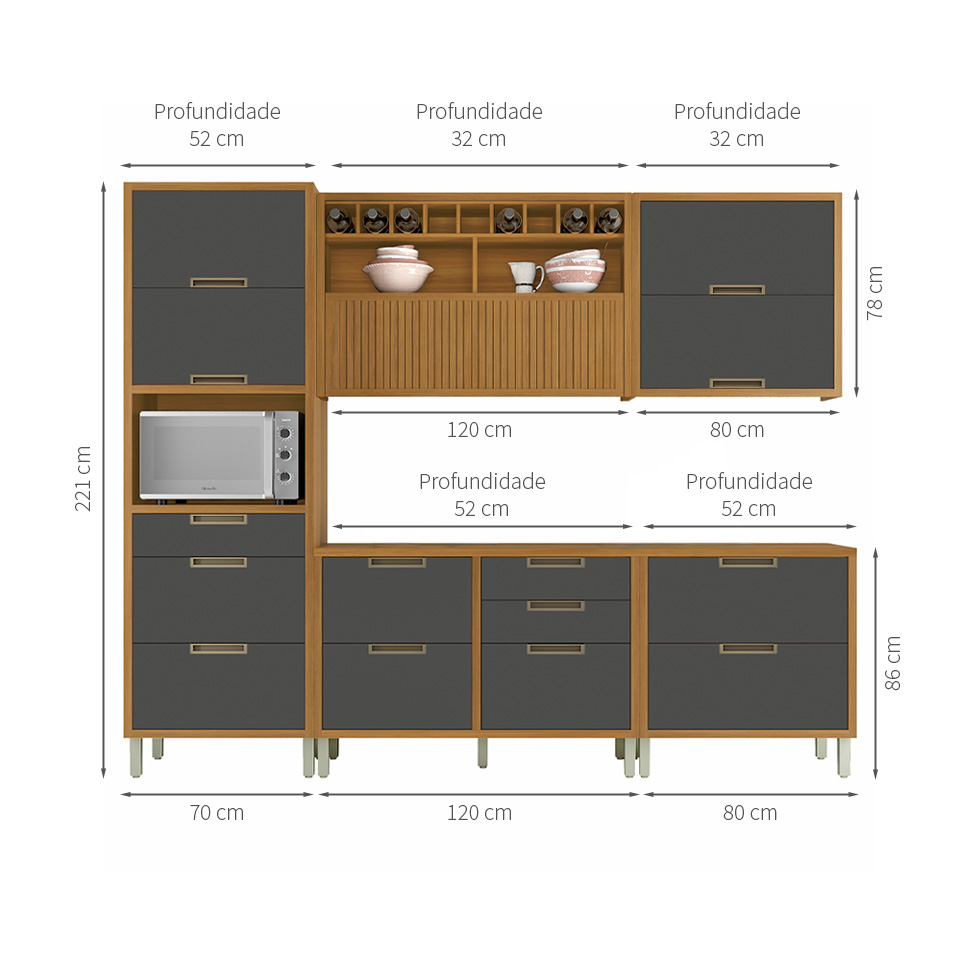 Cozinha Compacta Imperatriz 7 Portas 8 Gavetas Freijó e Grafite