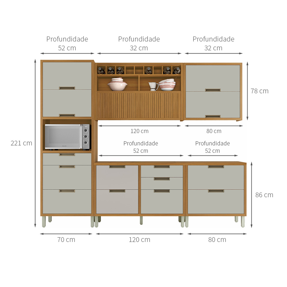 Cozinha Compacta Imperatriz 7 Portas 8 Gavetas Freijó e Off White