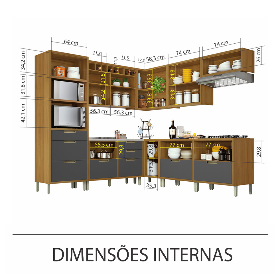 Cozinha Compacta Imperatriz 9 Portas 9 Gavetas Freijó e Grafite