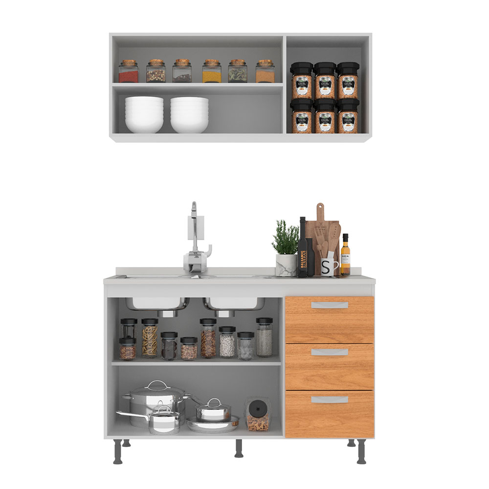 Cozinha Compacta Ipanema 5 Portas 3 Gavetas Branca e Cinamomo