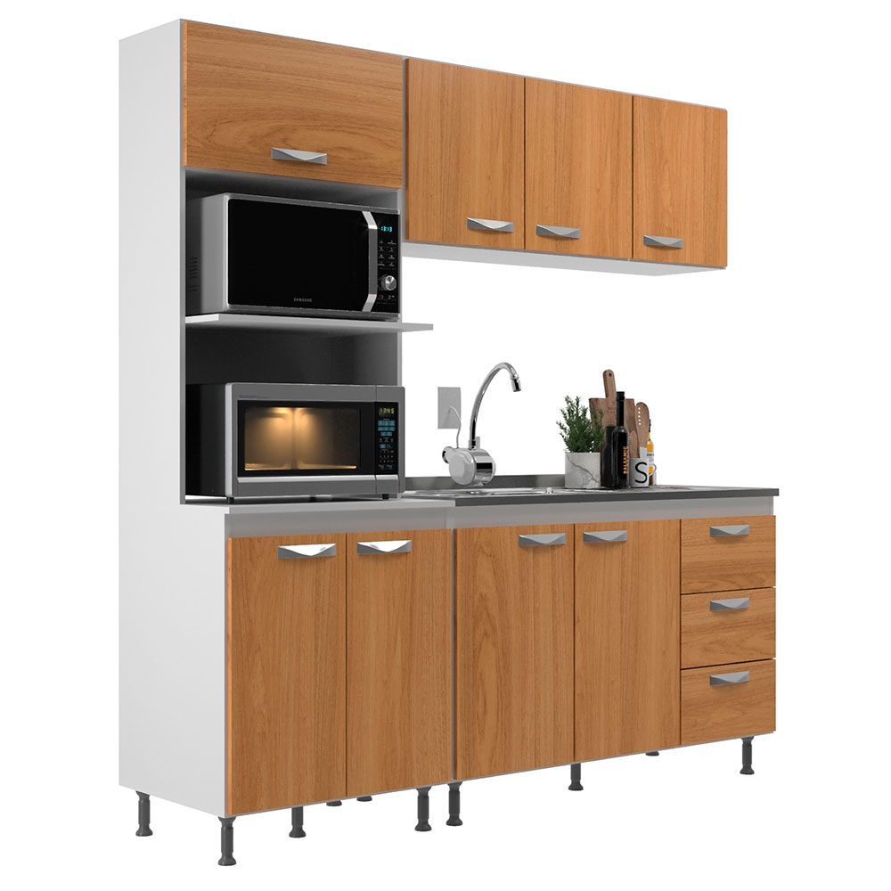 Cozinha Compacta Ipanema 8 Portas 3 Gavetas Branca e Cinamomo