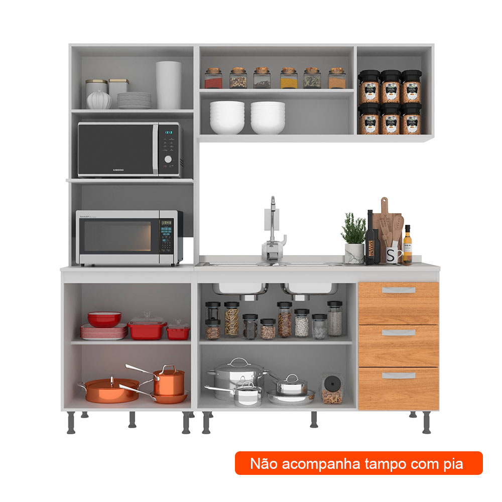 Cozinha Compacta Ipanema 8 Portas 3 Gavetas Branca e Cinamomo