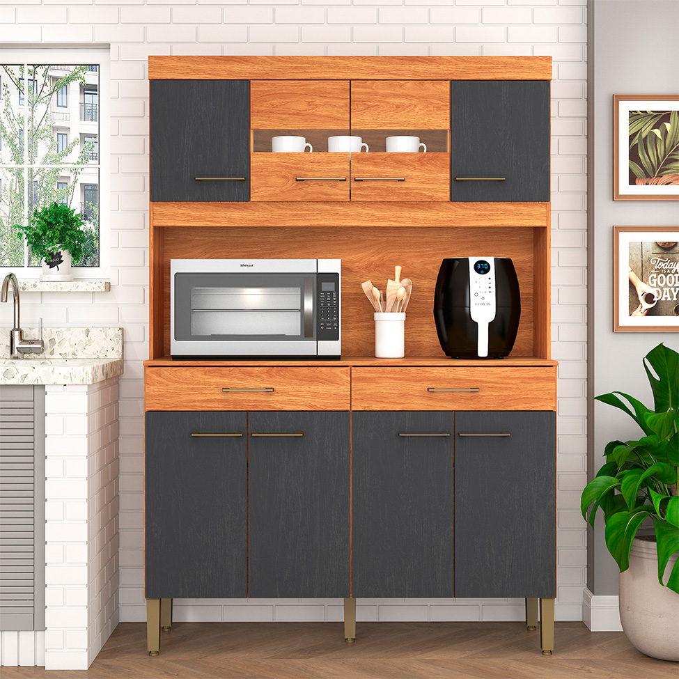 Cozinha Compacta Laura 8 Portas 2 Gavetas Cinamomo e Grafite