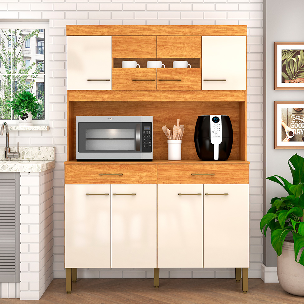 Cozinha Compacta Laura 8 Portas 2 Gavetas Cinamomo e Off White