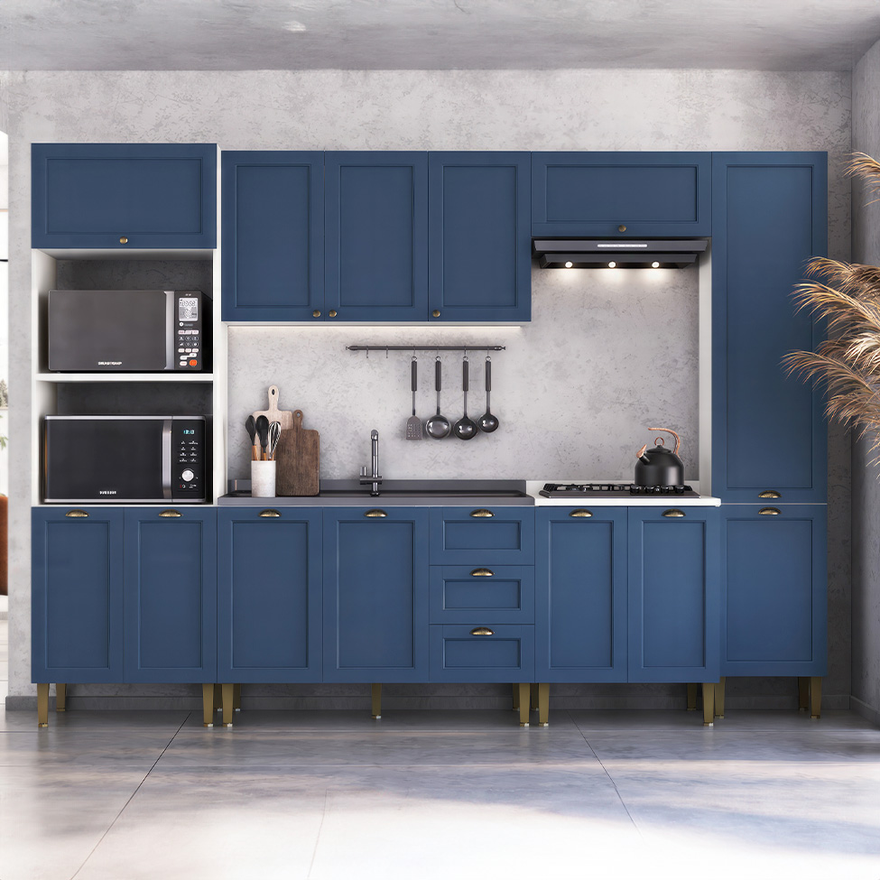 Cozinha Compacta Lavanda 13 Portas 3 Gavetas Azul e Branco