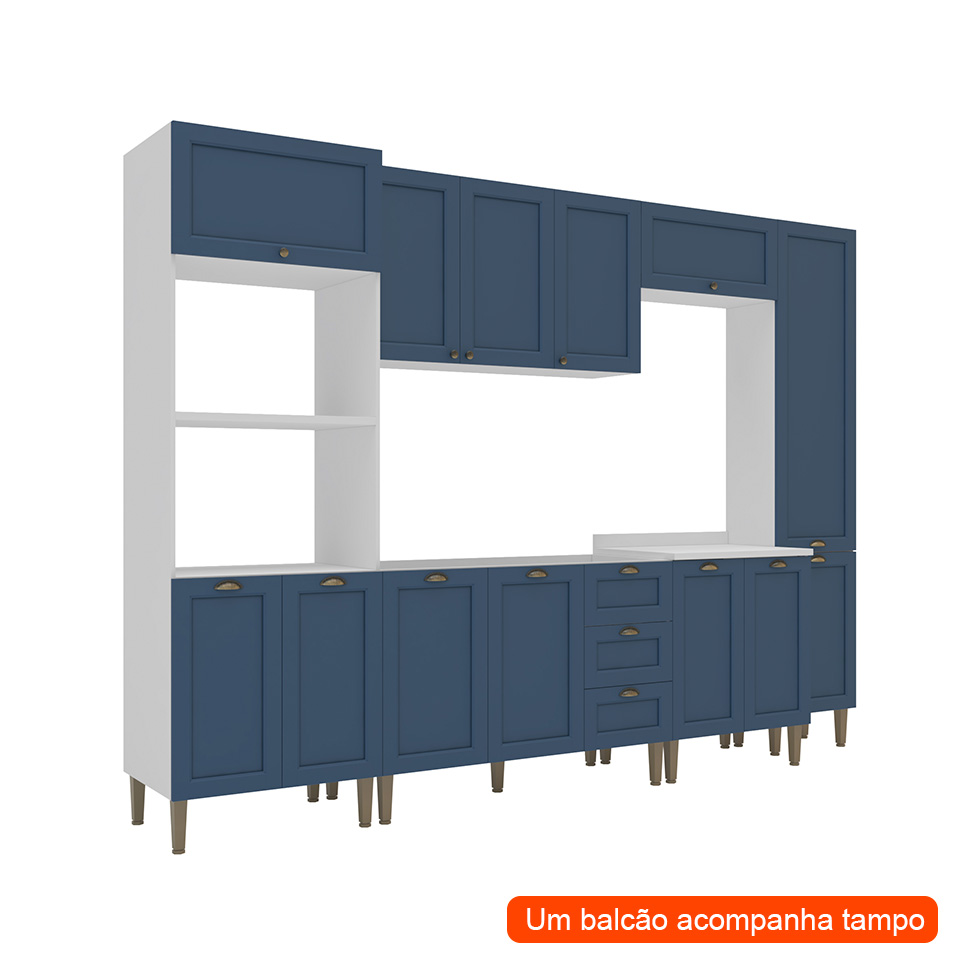 Cozinha Compacta Lavanda 13 Portas 3 Gavetas Azul e Branco