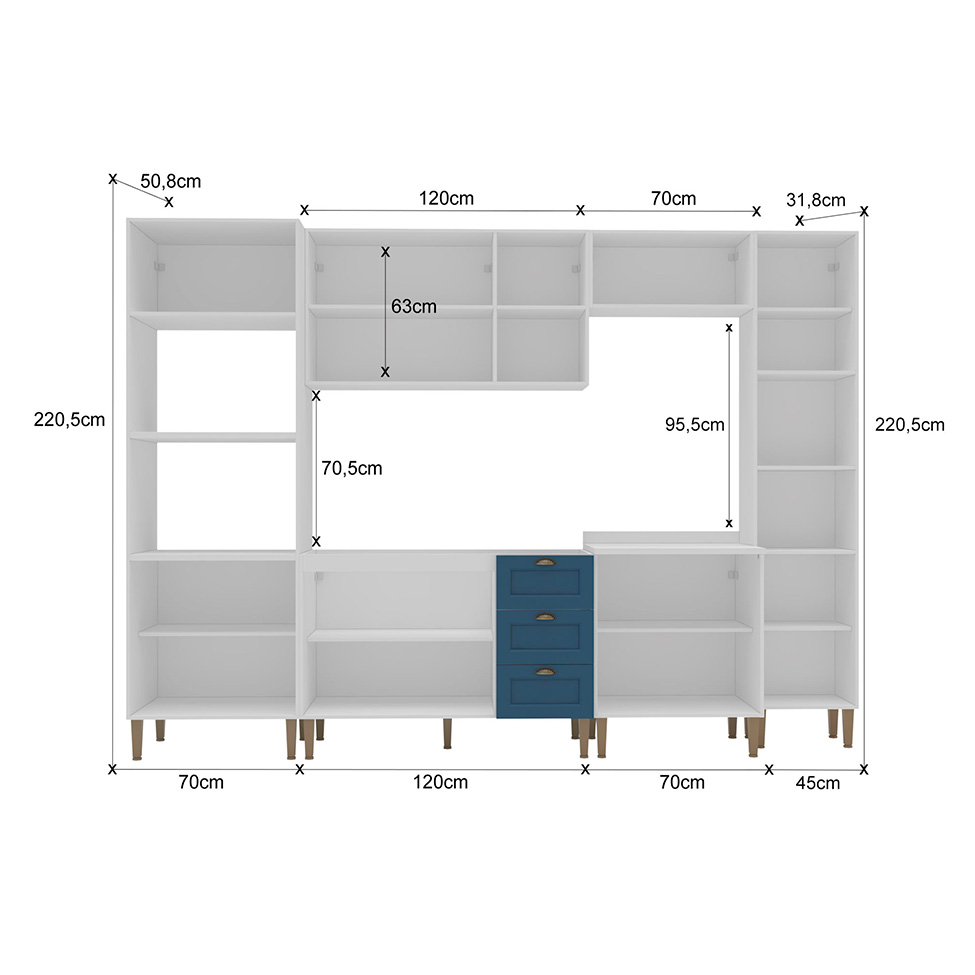 Cozinha Compacta Lavanda 13 Portas 3 Gavetas Azul e Branco