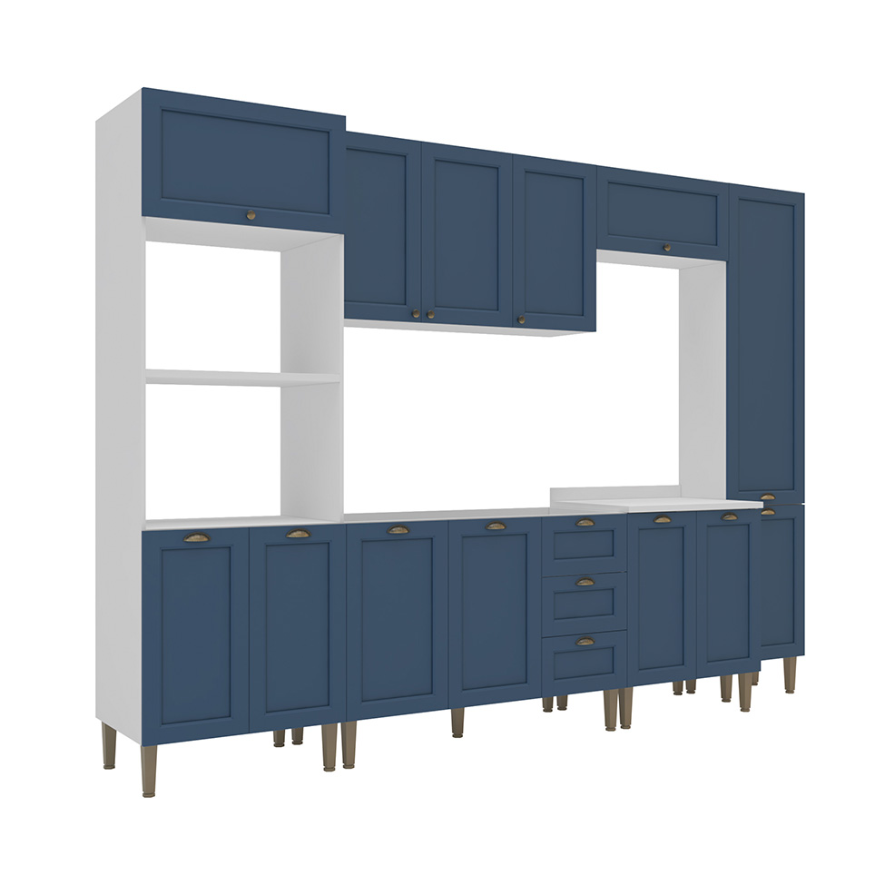Cozinha Compacta Lavanda 13 Portas 3 Gavetas Azul e Branco