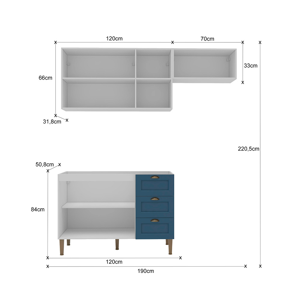 Cozinha Compacta Lavanda 6 Portas 3 Gavetas Azul e Branco