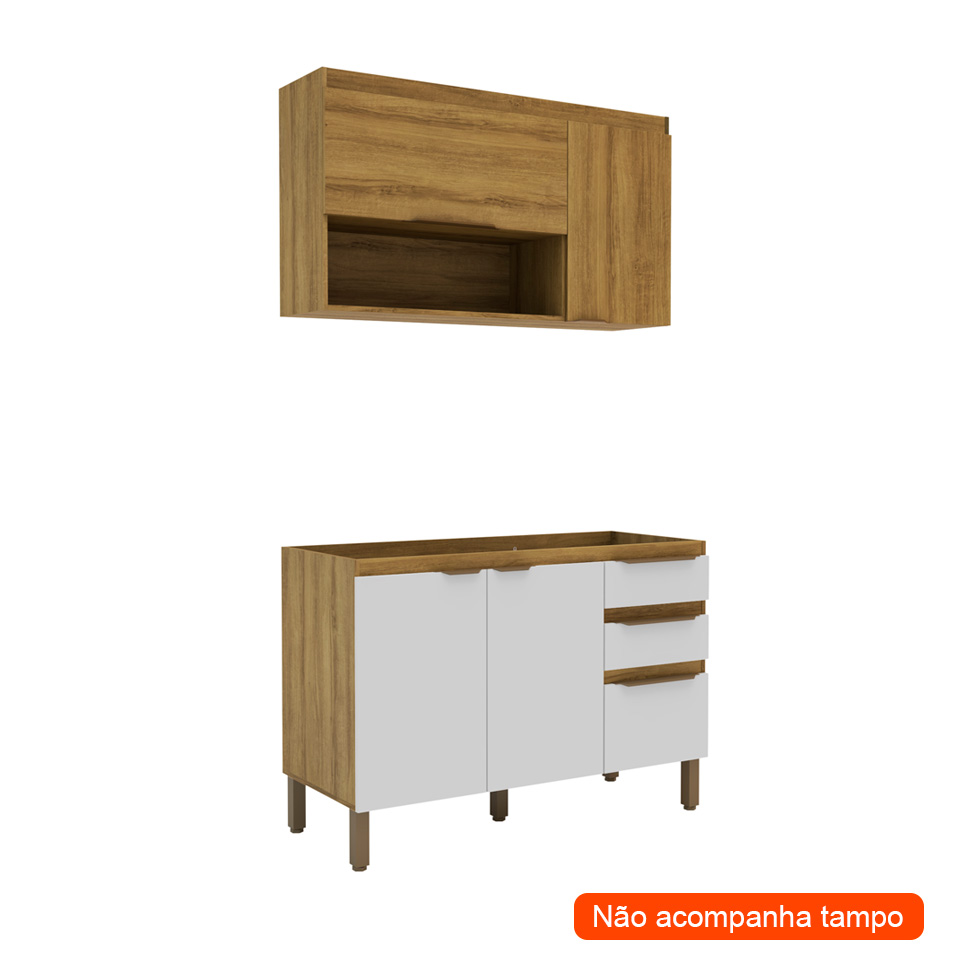 Cozinha Compacta Magnólia com Armário Aéreo 4 Portas 3 Gavetas Mel e Branca