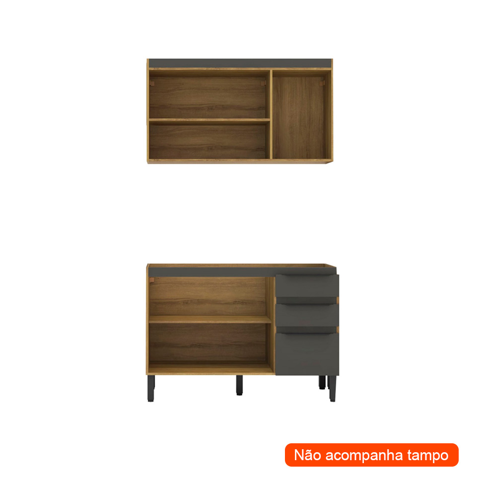 Cozinha Compacta Magnólia com Armário Aéreo 4 Portas 3 Gavetas Mel e Grafite