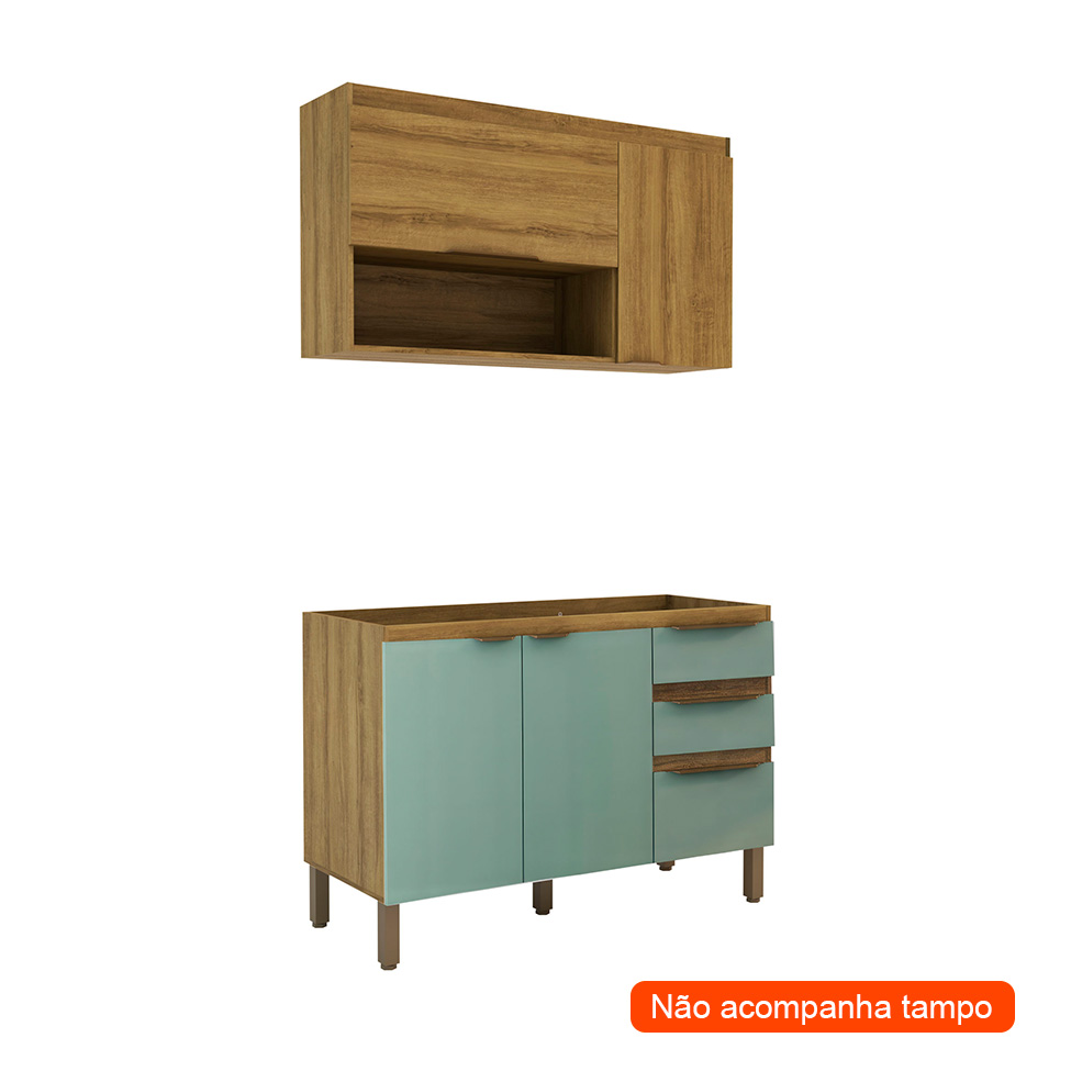 Cozinha Compacta Magnólia com Armário Aéreo 4 Portas 3 Gavetas Mel e Verde