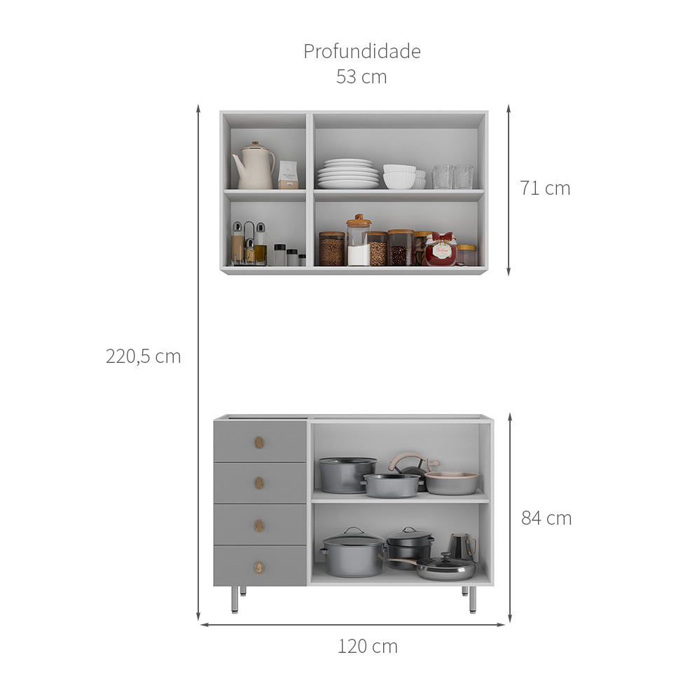 Cozinha Compacta Maranello 100% MDF 5 Portas 4 Gavetas Cinza