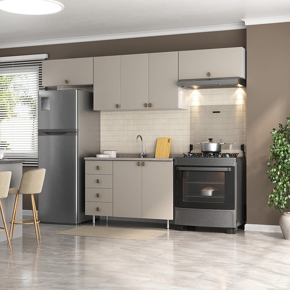 Cozinha Compacta Maranello 100% MDF 7 Portas 4 Gavetas Bege