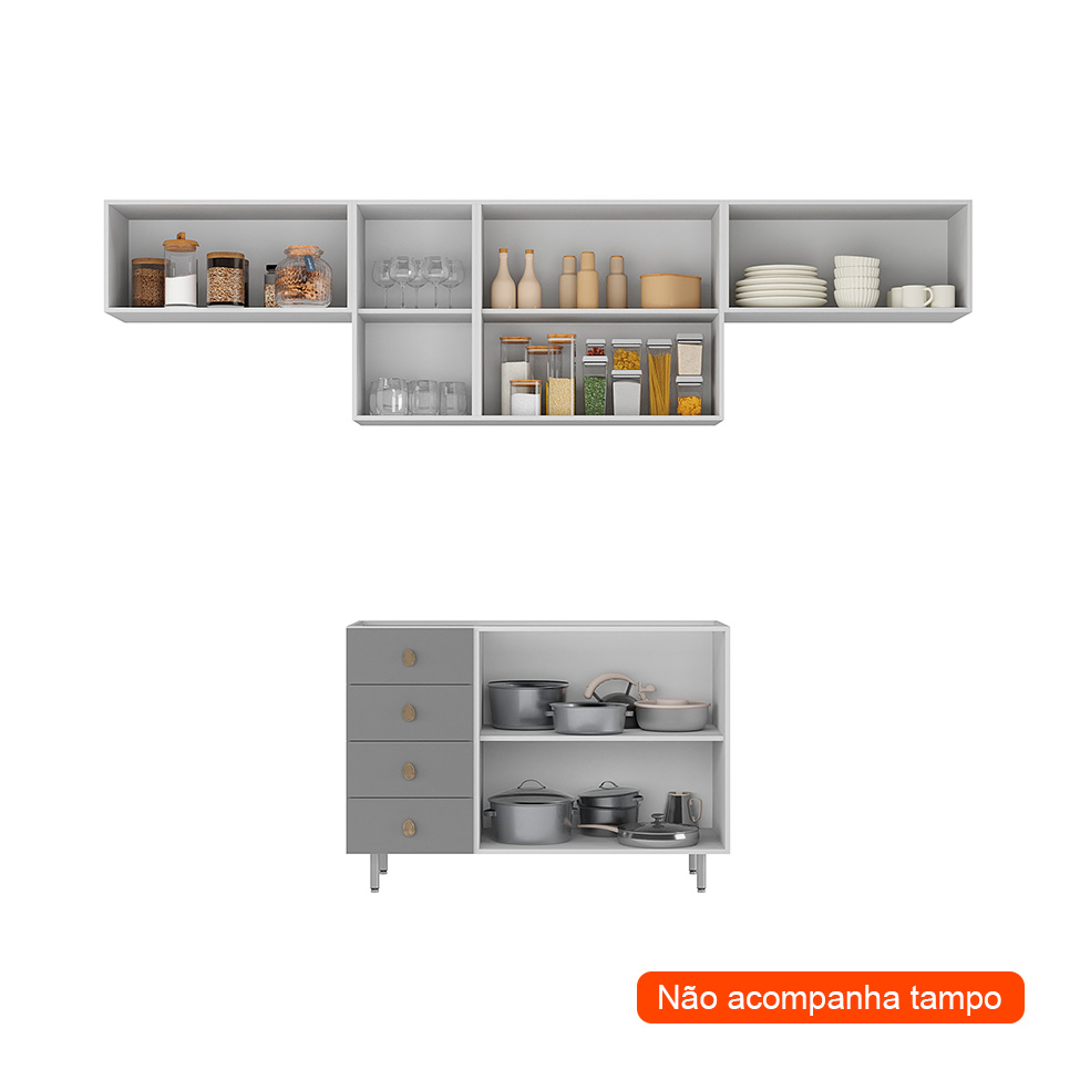 Cozinha Compacta Maranello 100% MDF 7 Portas 4 Gavetas Cinza