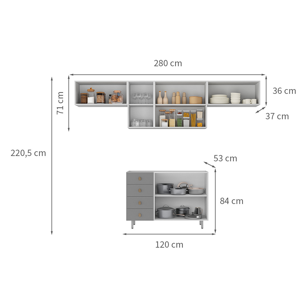 Cozinha Compacta Maranello 100% MDF 7 Portas 4 Gavetas Cinza