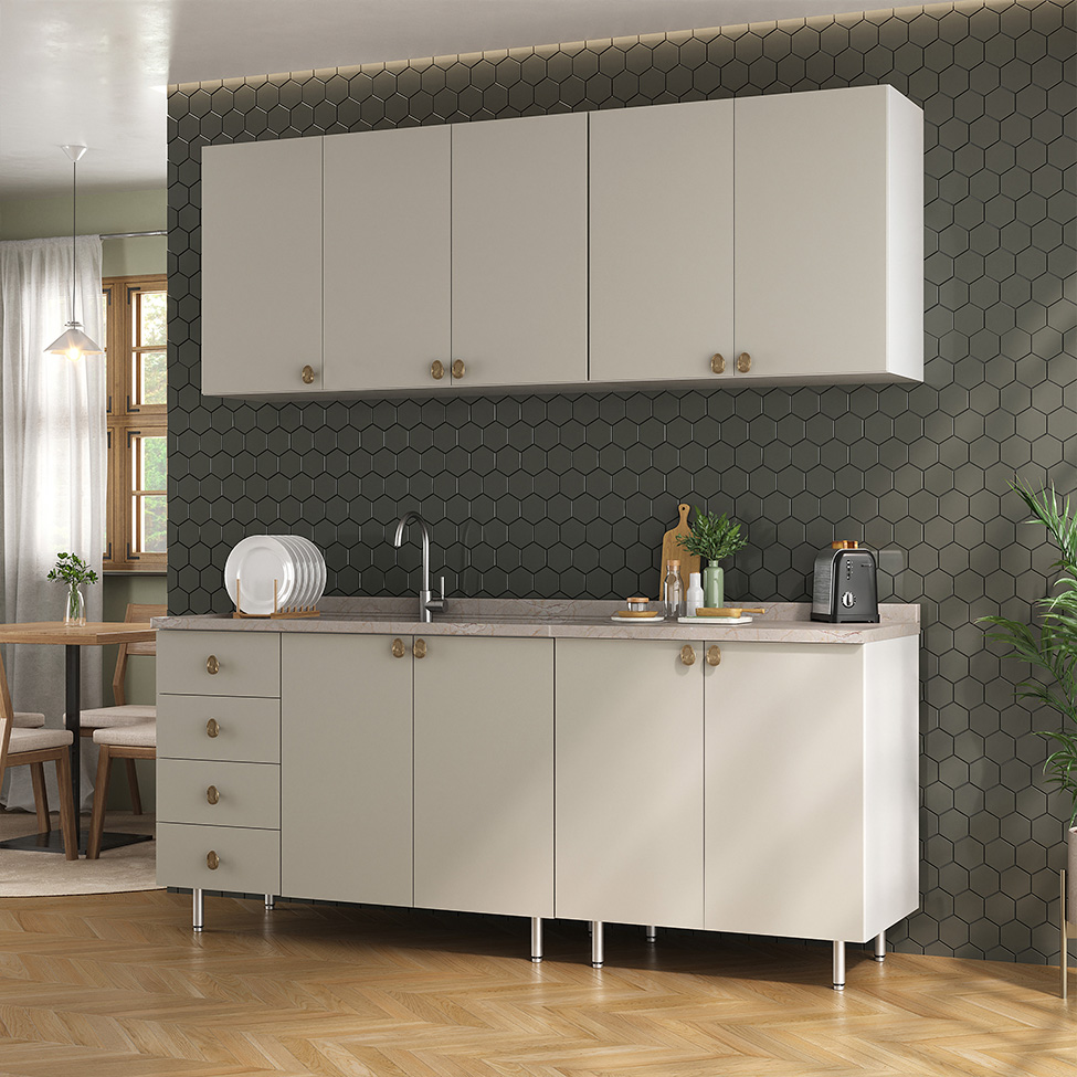 Cozinha Compacta Maranello 100% MDF 9 Portas 4 Gavetas Bege