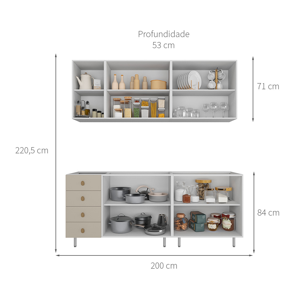 Cozinha Compacta Maranello 100% MDF 9 Portas 4 Gavetas Bege