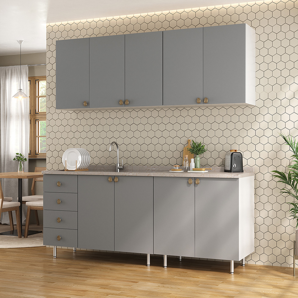 Cozinha Compacta Maranello 100% MDF 9 Portas 4 Gavetas Cinza