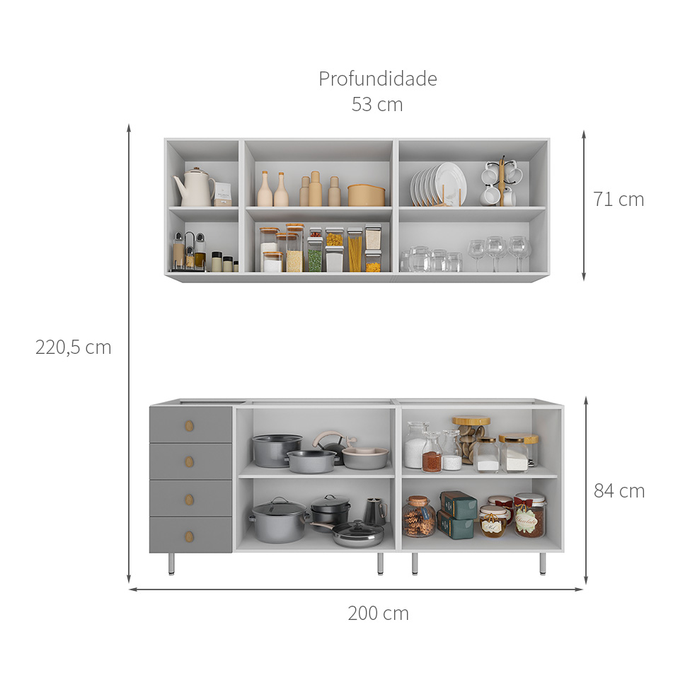 Cozinha Compacta Maranello 100% MDF 9 Portas 4 Gavetas Cinza