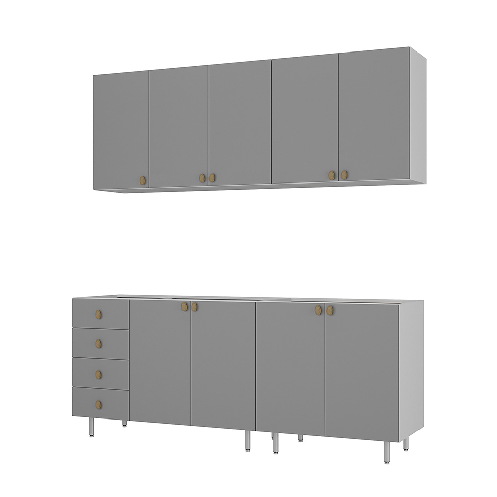 Cozinha Compacta Maranello 100% MDF 9 Portas 4 Gavetas Cinza