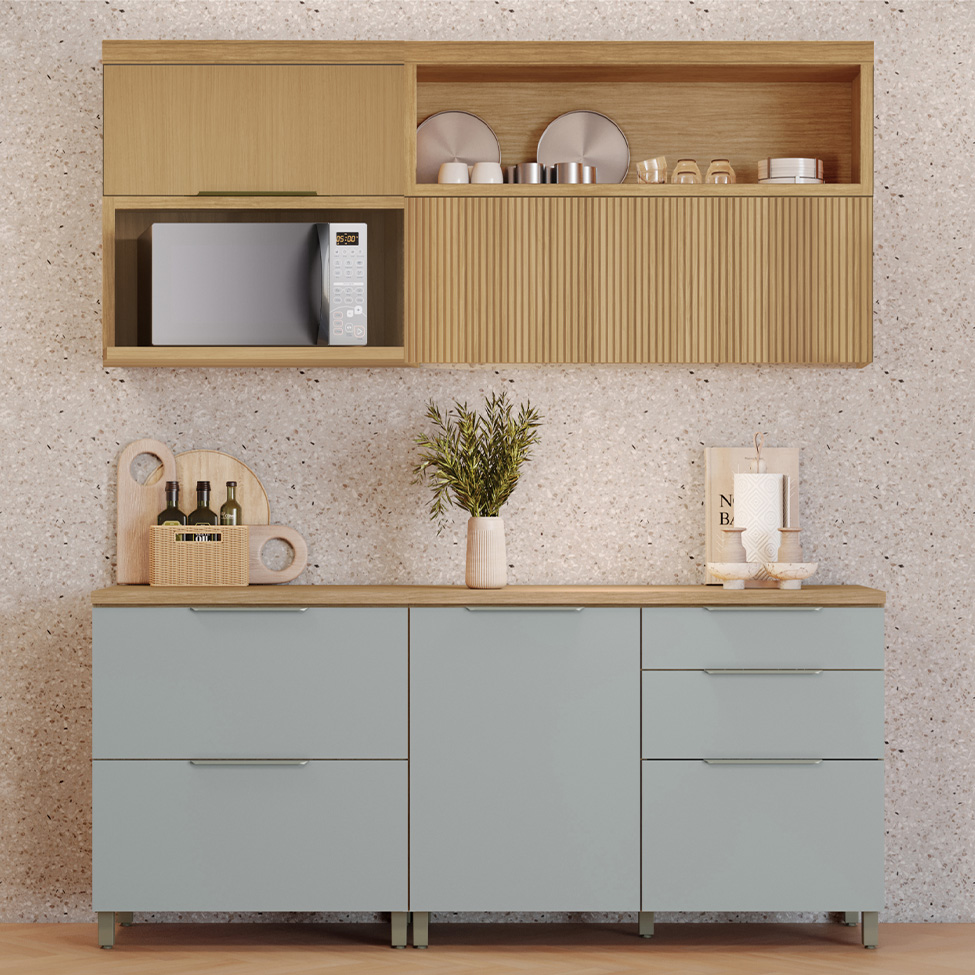 Cozinha Compacta Marquesa 100% MDF 3 Portas 4 Gavetas Verde e Nature