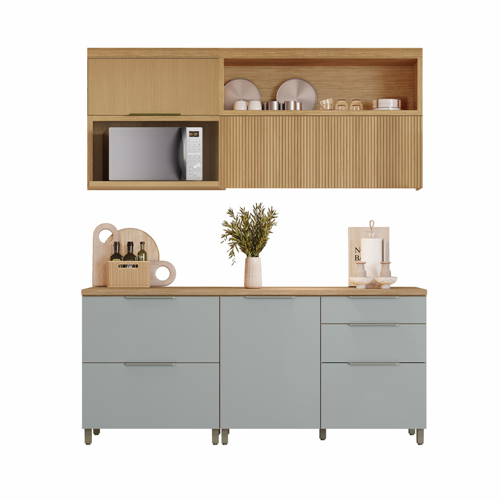 Cozinha Compacta Marquesa 100% MDF 3 Portas 4 Gavetas Verde e Nature