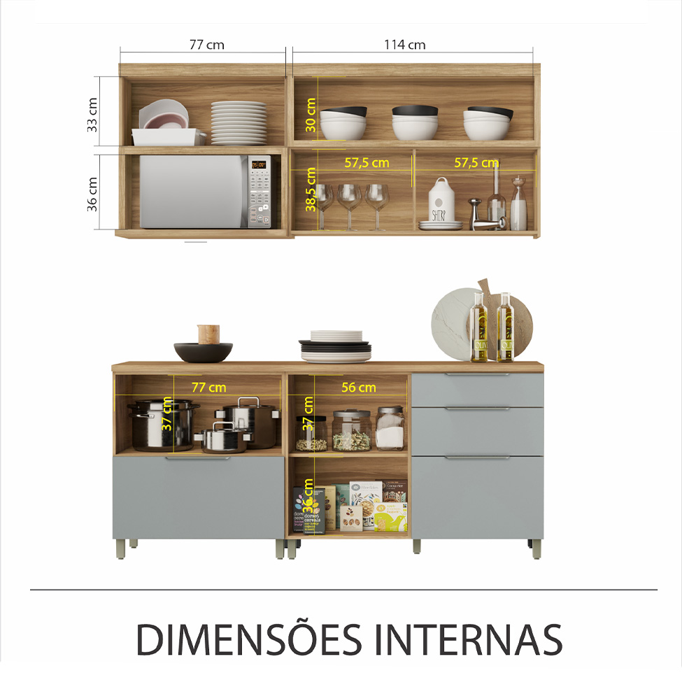Cozinha Compacta Marquesa 100% MDF 3 Portas 4 Gavetas Verde e Nature