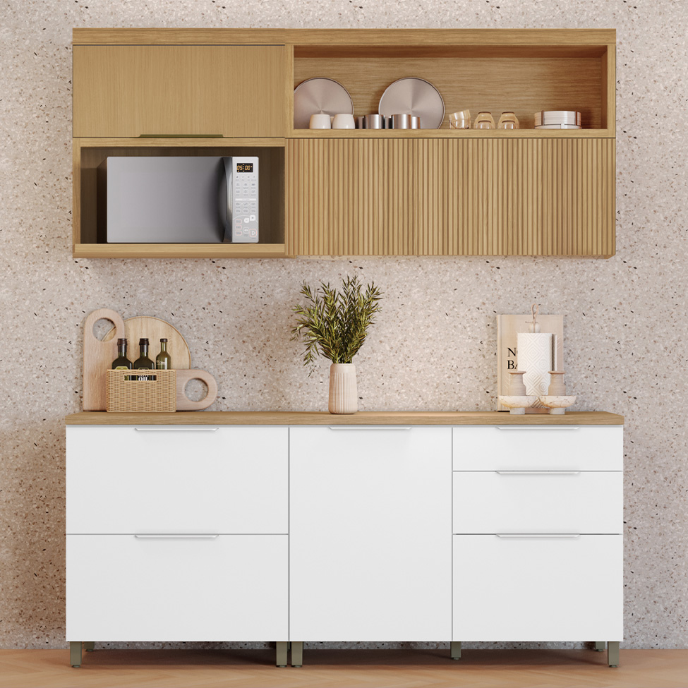 Cozinha Compacta Marquesa 100% MDF 4 Portas 4 Gavetas Branca e Nature