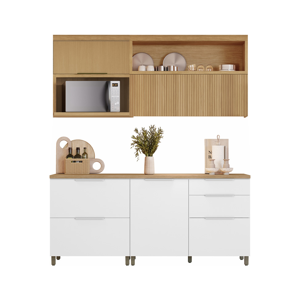 Cozinha Compacta Marquesa 100% MDF 4 Portas 4 Gavetas Branca e Nature