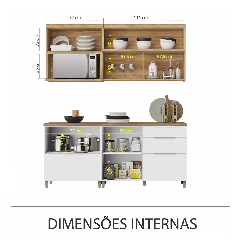 Cozinha Compacta Marquesa 100% MDF 4 Portas 4 Gavetas Branca e Nature