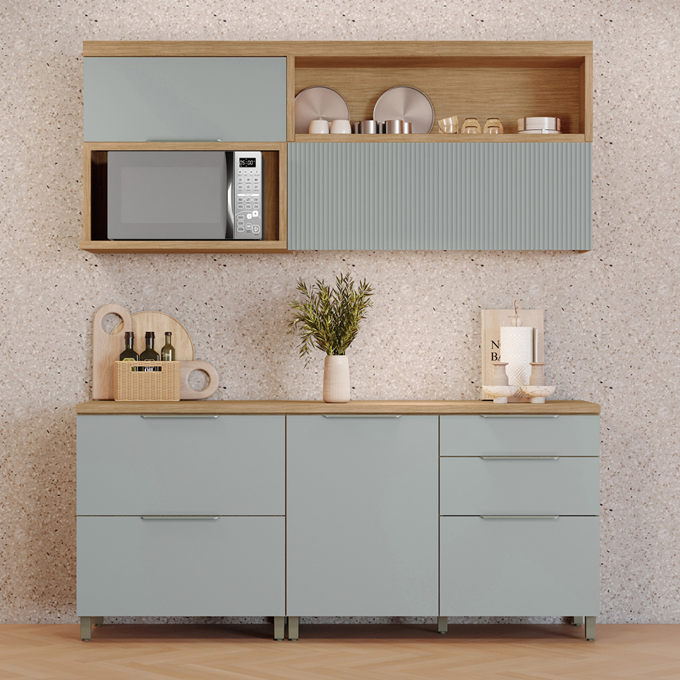 Cozinha Compacta Marquesa 100% MDF 4 Portas 4 Gavetas Verde e Nature