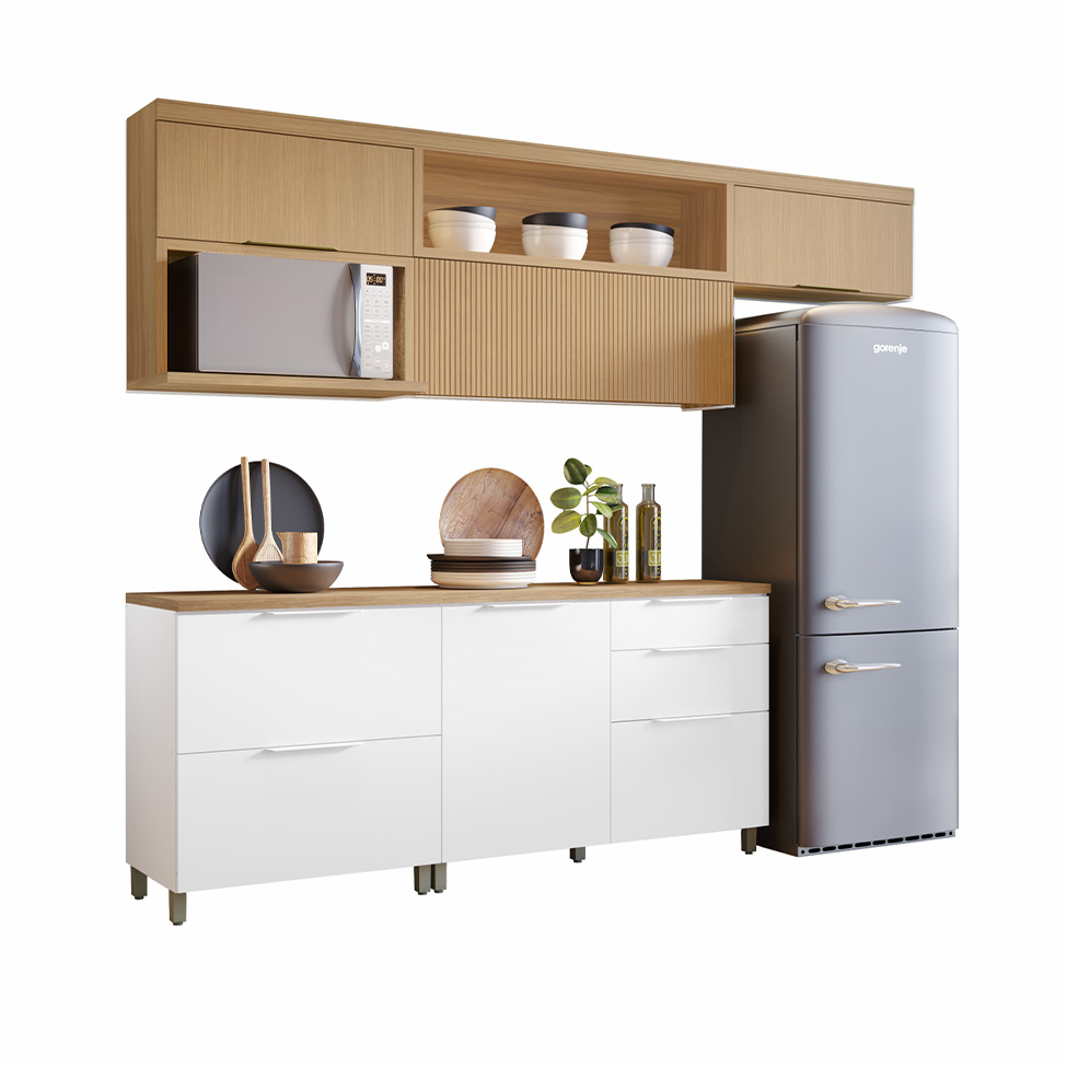 Cozinha Compacta Marquesa 100% MDF 5 Portas 4 Gavetas Branca e Nature