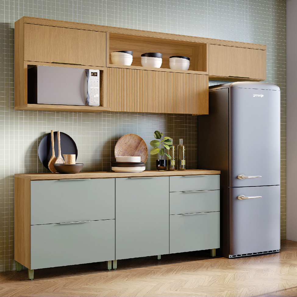 Cozinha Compacta Marquesa 100% MDF 5 Portas 4 Gavetas Nature e Verde