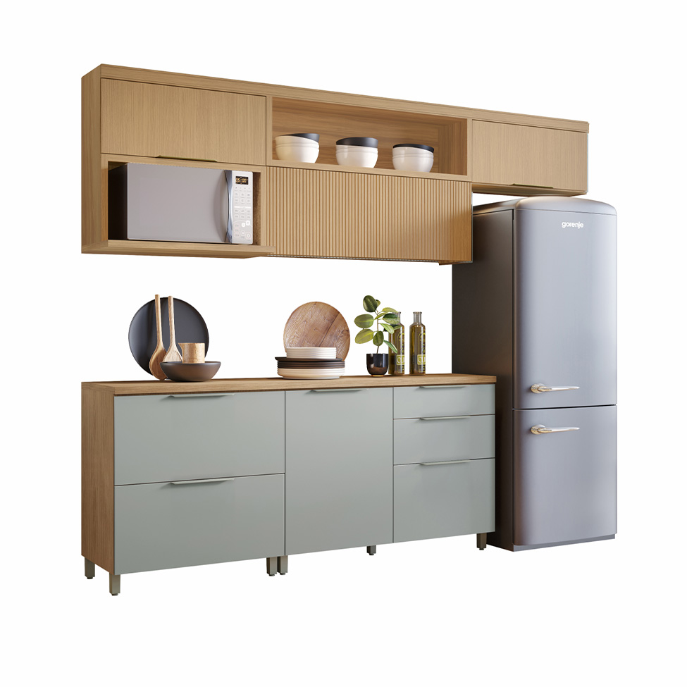 Cozinha Compacta Marquesa 100% MDF 5 Portas 4 Gavetas Nature e Verde