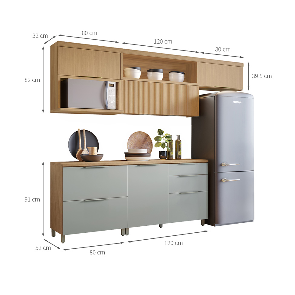 Cozinha Compacta Marquesa 100% MDF 5 Portas 4 Gavetas Nature e Verde