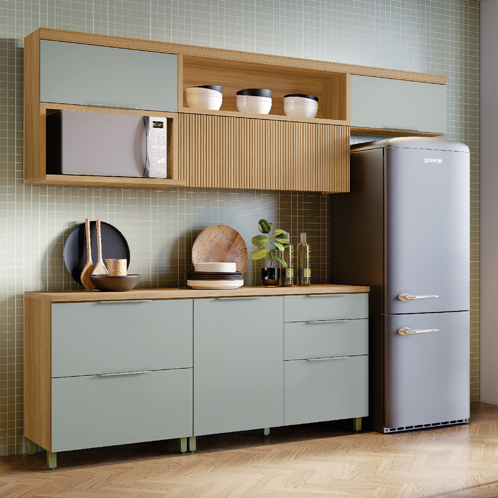 Cozinha Compacta Marquesa 100% MDF 5 Portas 4 Gavetas Verde e Nature