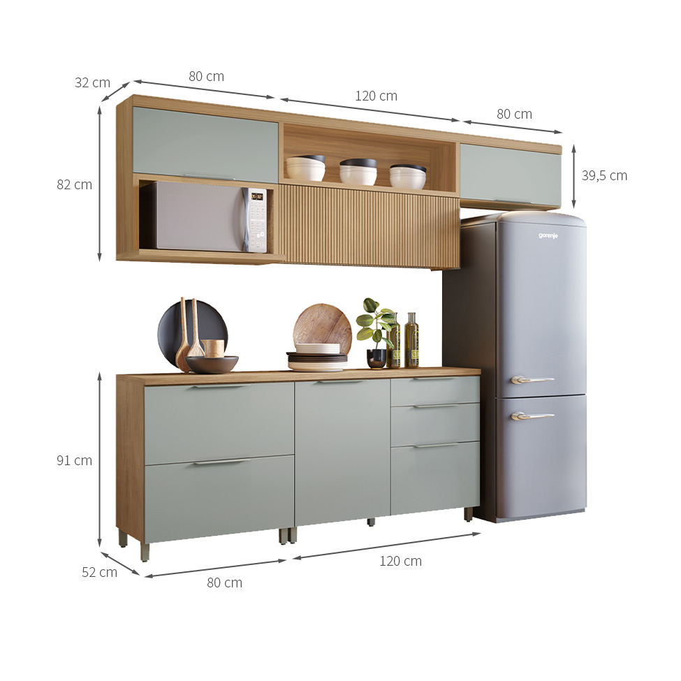 Cozinha Compacta Marquesa 100% MDF 5 Portas 4 Gavetas Verde e Nature