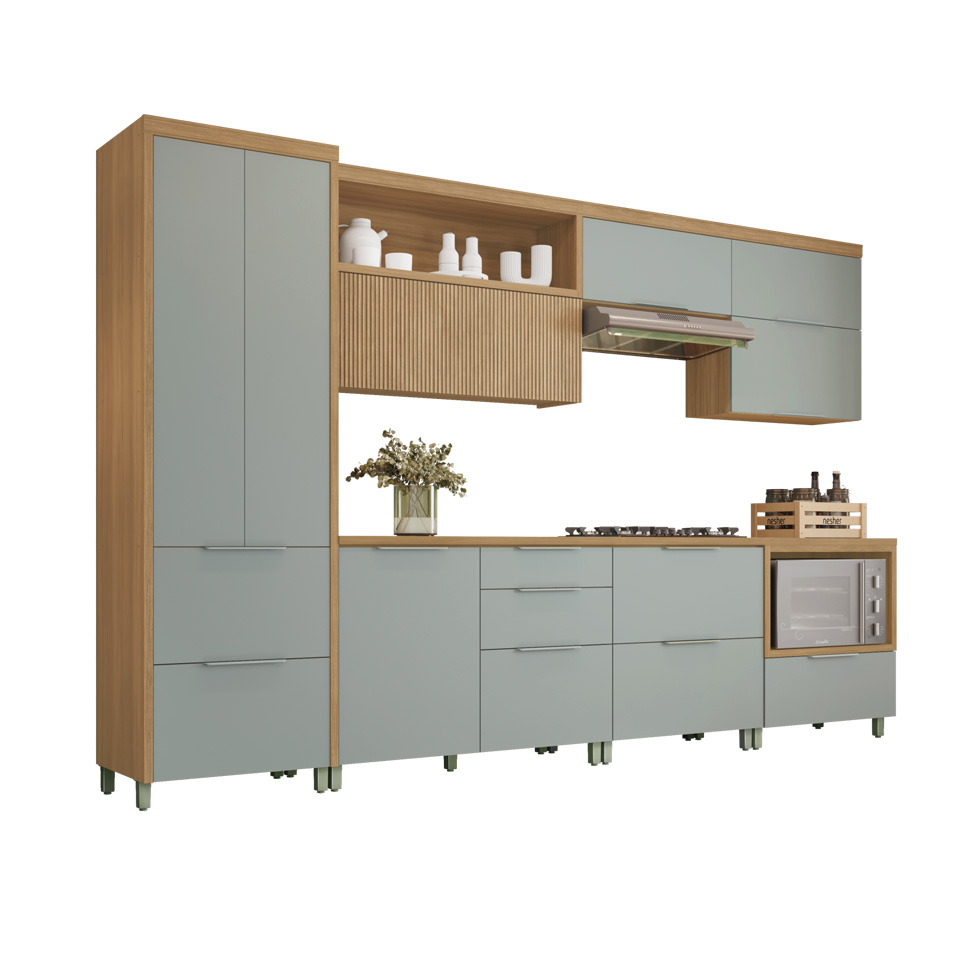 Cozinha Compacta Marquesa 100% MDF 8 Portas 7 Gavetas Verde e Nature