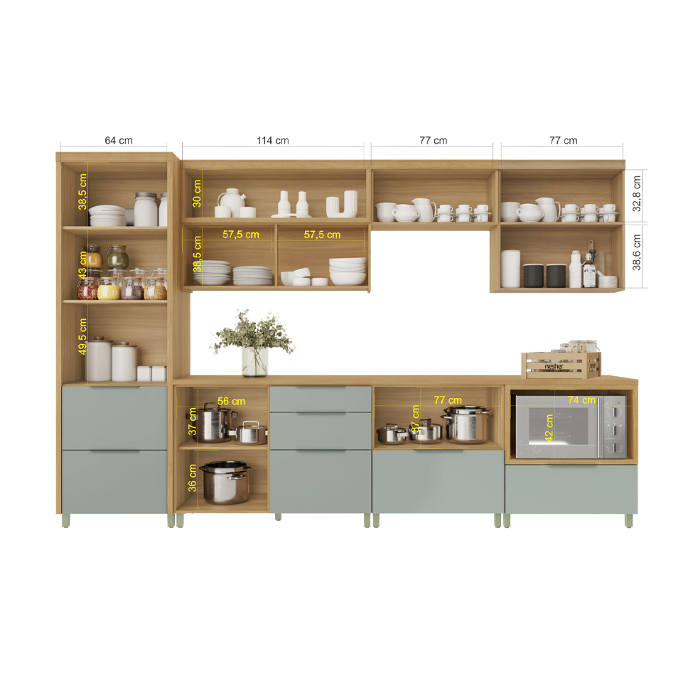 Cozinha Compacta Marquesa 100% MDF 8 Portas 7 Gavetas Verde e Nature