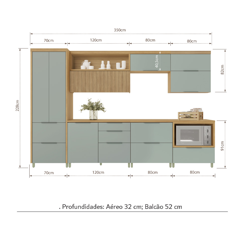 Cozinha Compacta Marquesa 100% MDF 8 Portas 7 Gavetas Verde e Nature