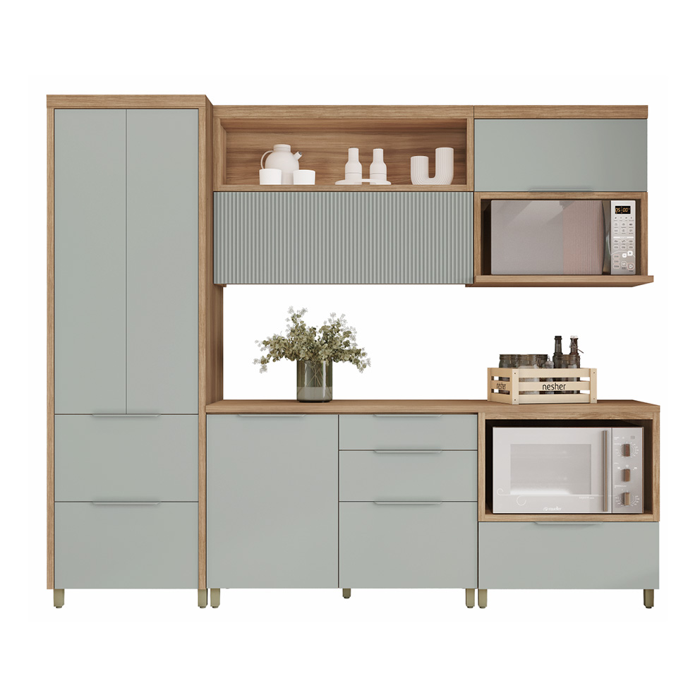 Cozinha Compacta Marquesa I 100% MDF 5 Portas 6 Gavetas Verde e Nature