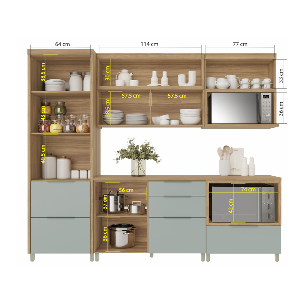 Cozinha Compacta Marquesa I 100% MDF 5 Portas 6 Gavetas Verde e Nature