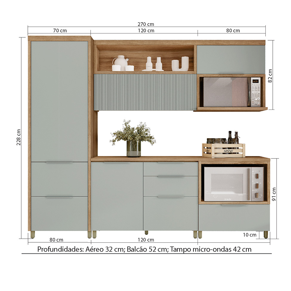Cozinha Compacta Marquesa I 100% MDF 5 Portas 6 Gavetas Verde e Nature