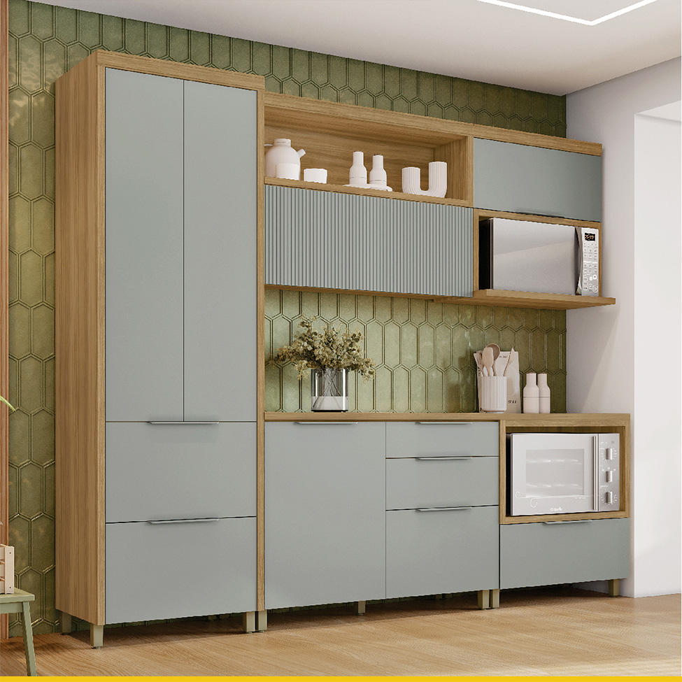 Cozinha Compacta Marquesa I 100% MDF 5 Portas 6 Gavetas Verde e Nature