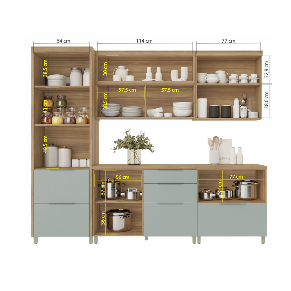 Cozinha Compacta Marquesa I 100% MDF 7 Portas 6 Gavetas Verde e Nature