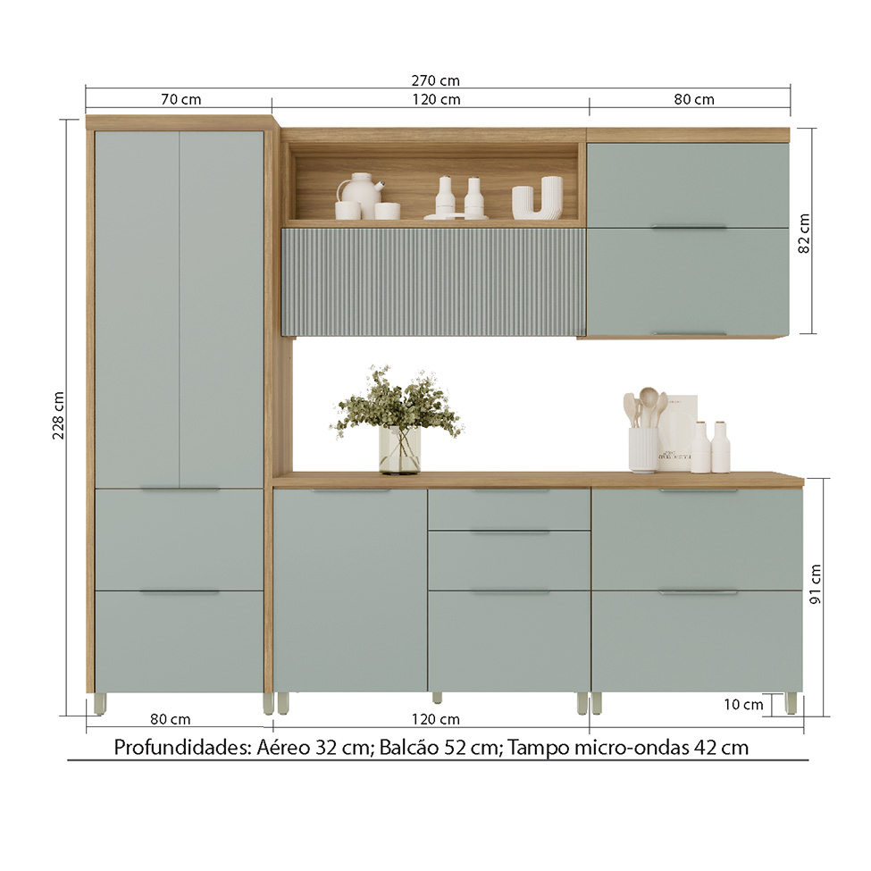 Cozinha Compacta Marquesa I 100% MDF 7 Portas 6 Gavetas Verde e Nature