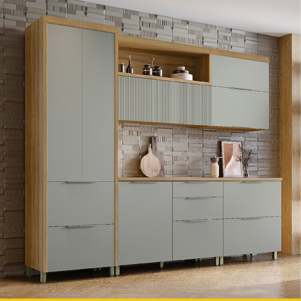 Cozinha Compacta Marquesa I 100% MDF 7 Portas 6 Gavetas Verde e Nature