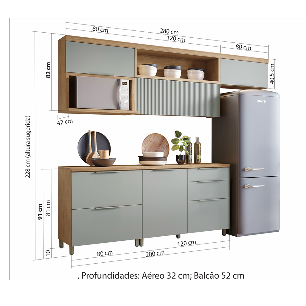 Cozinha Compacta Marquesa II 100% MDF 5 Portas 4 Gavetas Verde e Nature