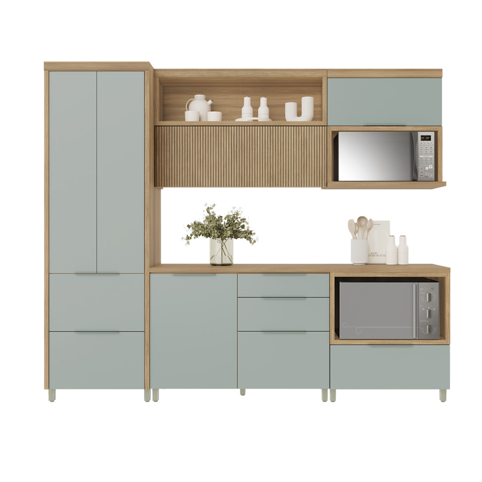 Cozinha Compacta Marquesa II 100% MDF 5 Portas 6 Gavetas Verde e Nature
